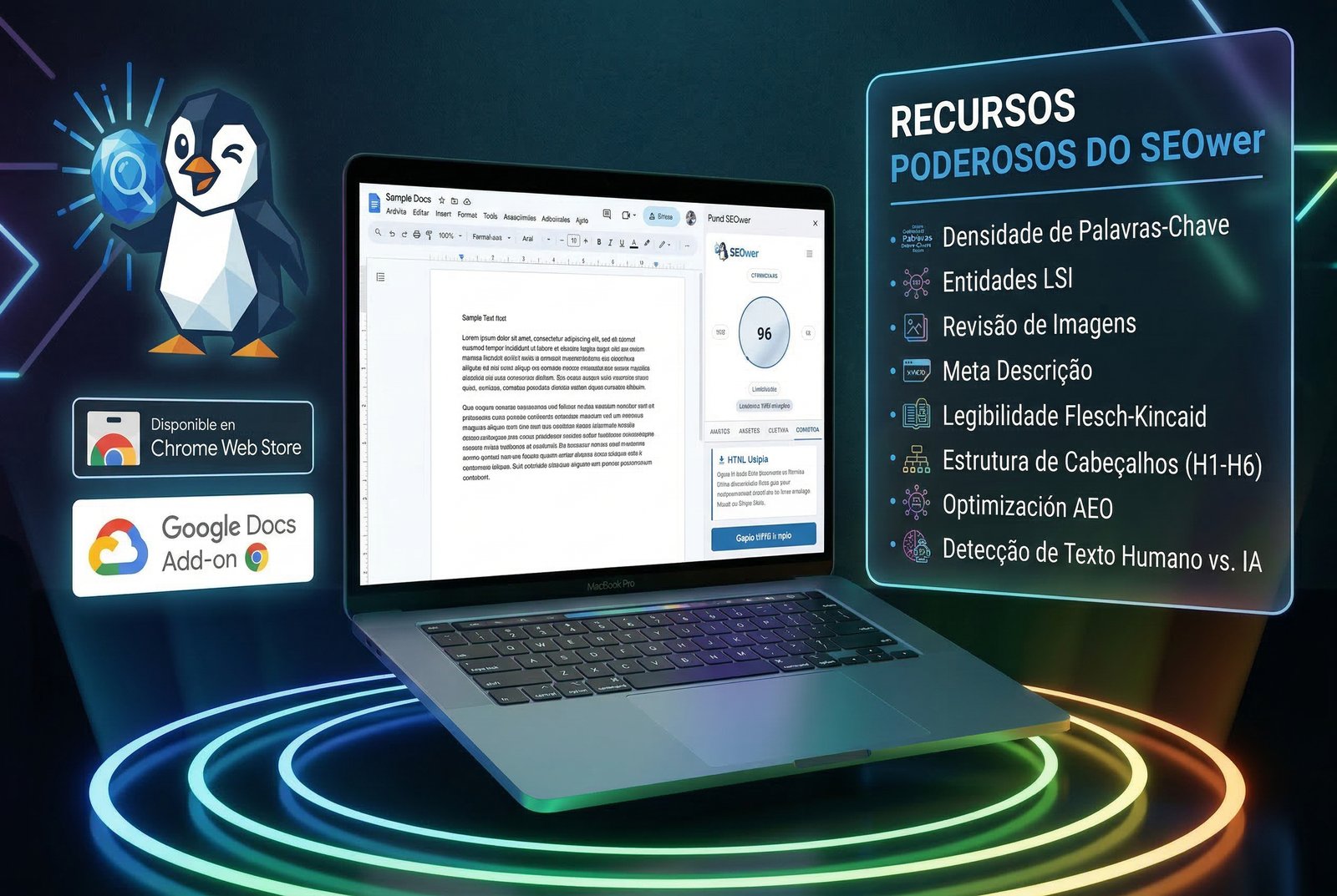 Painel lateral do SEOwer - Assistente de SEO no Google Docs