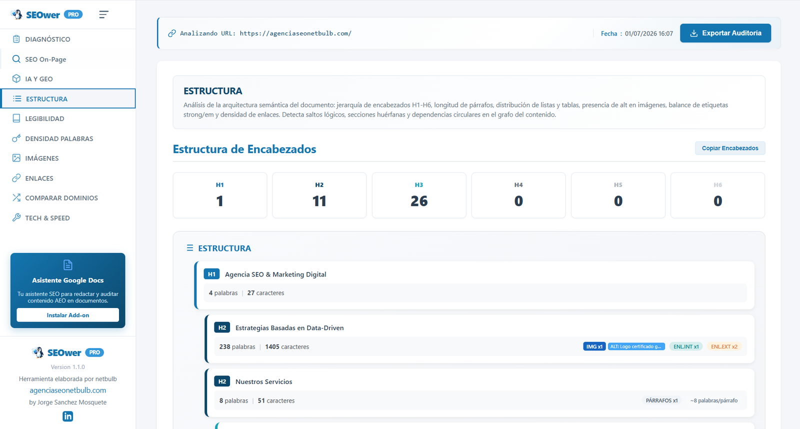 Estructura - Jerarqu�a de encabezados H1 a H6 con conteo y badges