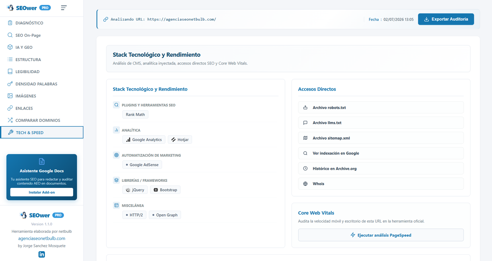 Tech & Speed - 15+ categor�as de detecci�n (CMS, plugins, frameworks, CDN)