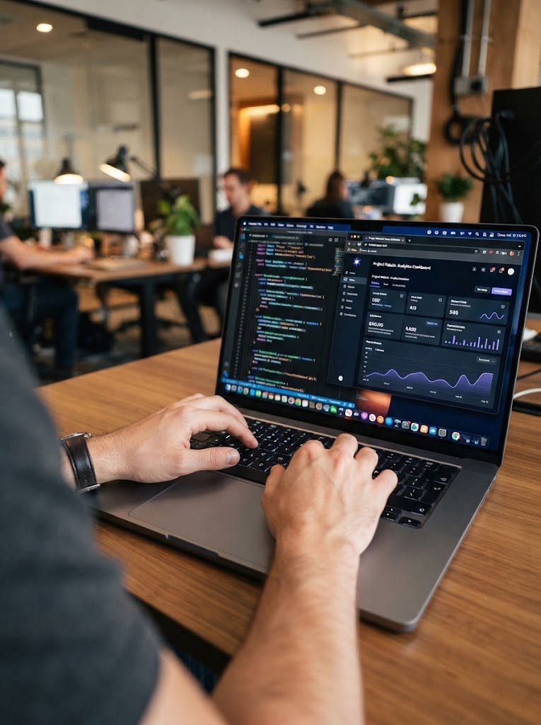 Desarrollador trabajando con el código de la web y un panel de métricas en el portátil