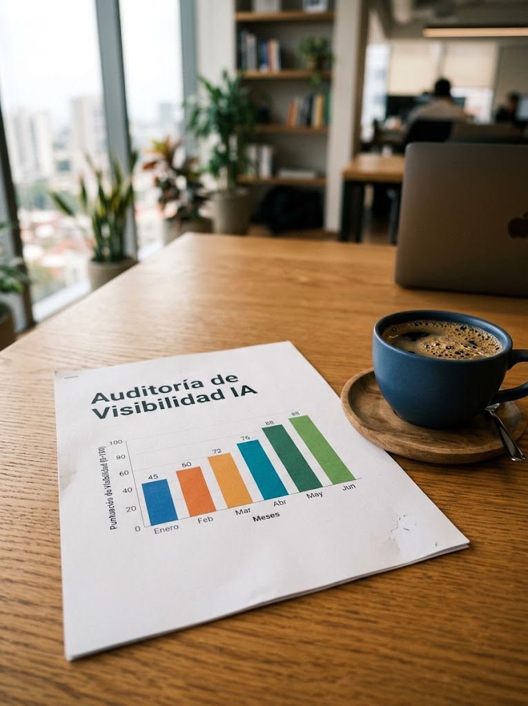 Informe de auditoría de visibilidad en IA con un gráfico de menciones por mes