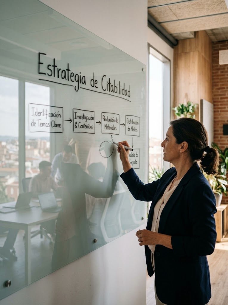 Estrategia de citabilidad en IA sobre una pizarra de cristal con el embudo de fuentes
