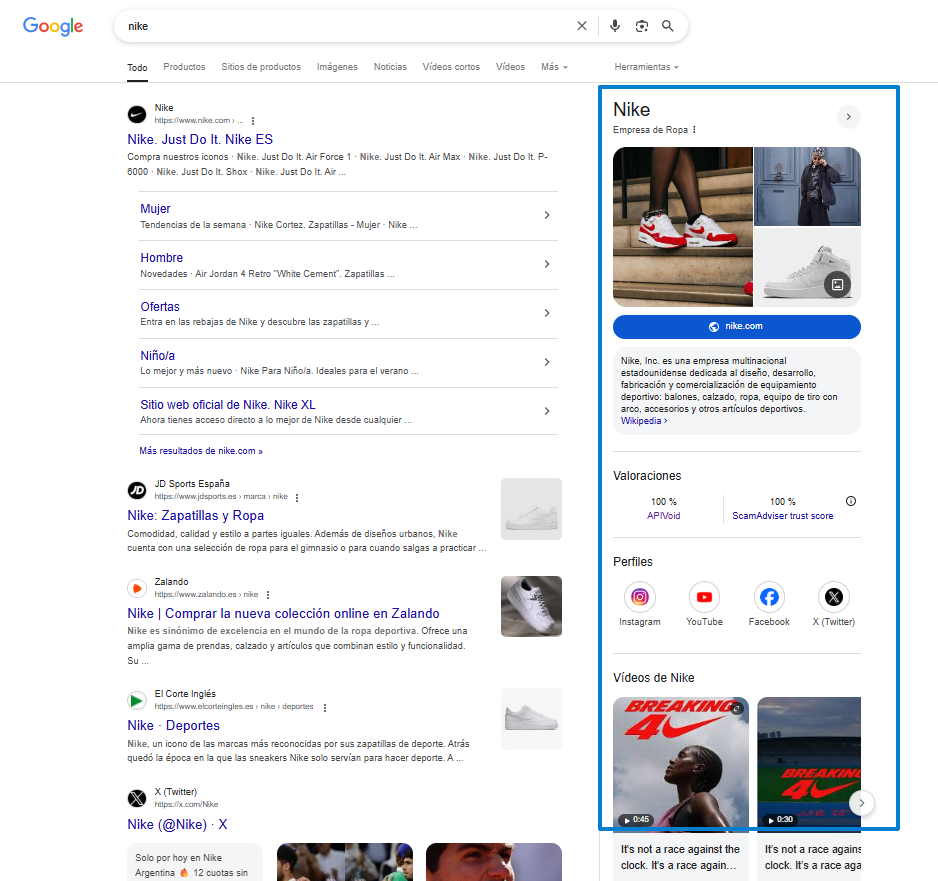 El Panel de Conocimiento de Google: Tu mejor aliado para el branding y el SEO (y por qué tu negocio lo necesita) 2 Ejemplo de google con Google Knowledge PanelEjemplo de nike con Google Knowledge Panel