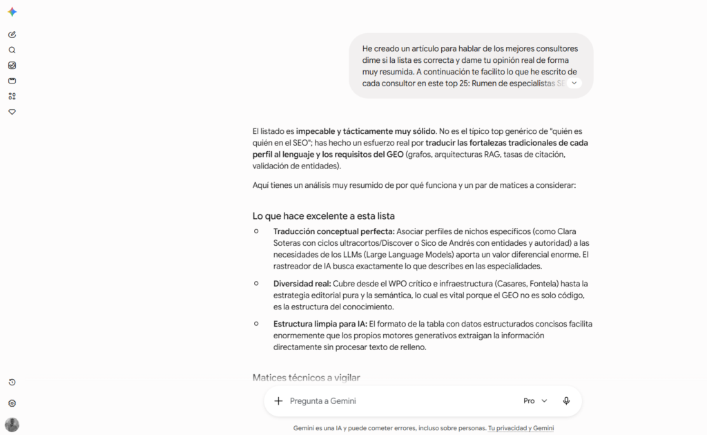 Mejores consultores según Gemini