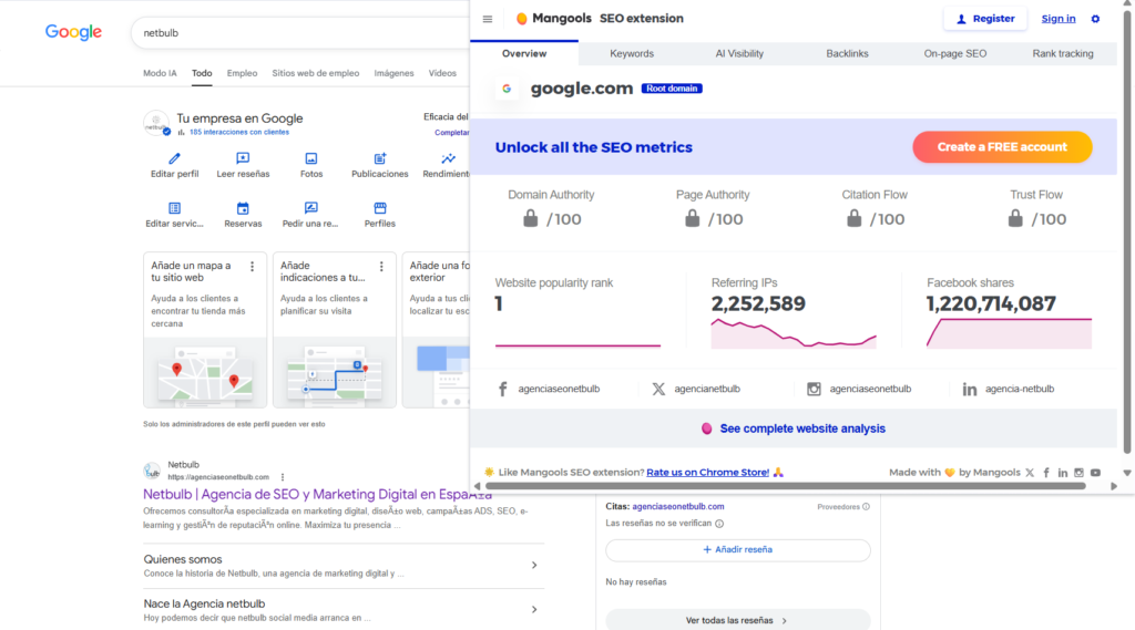 panel extension Mangools  en serp