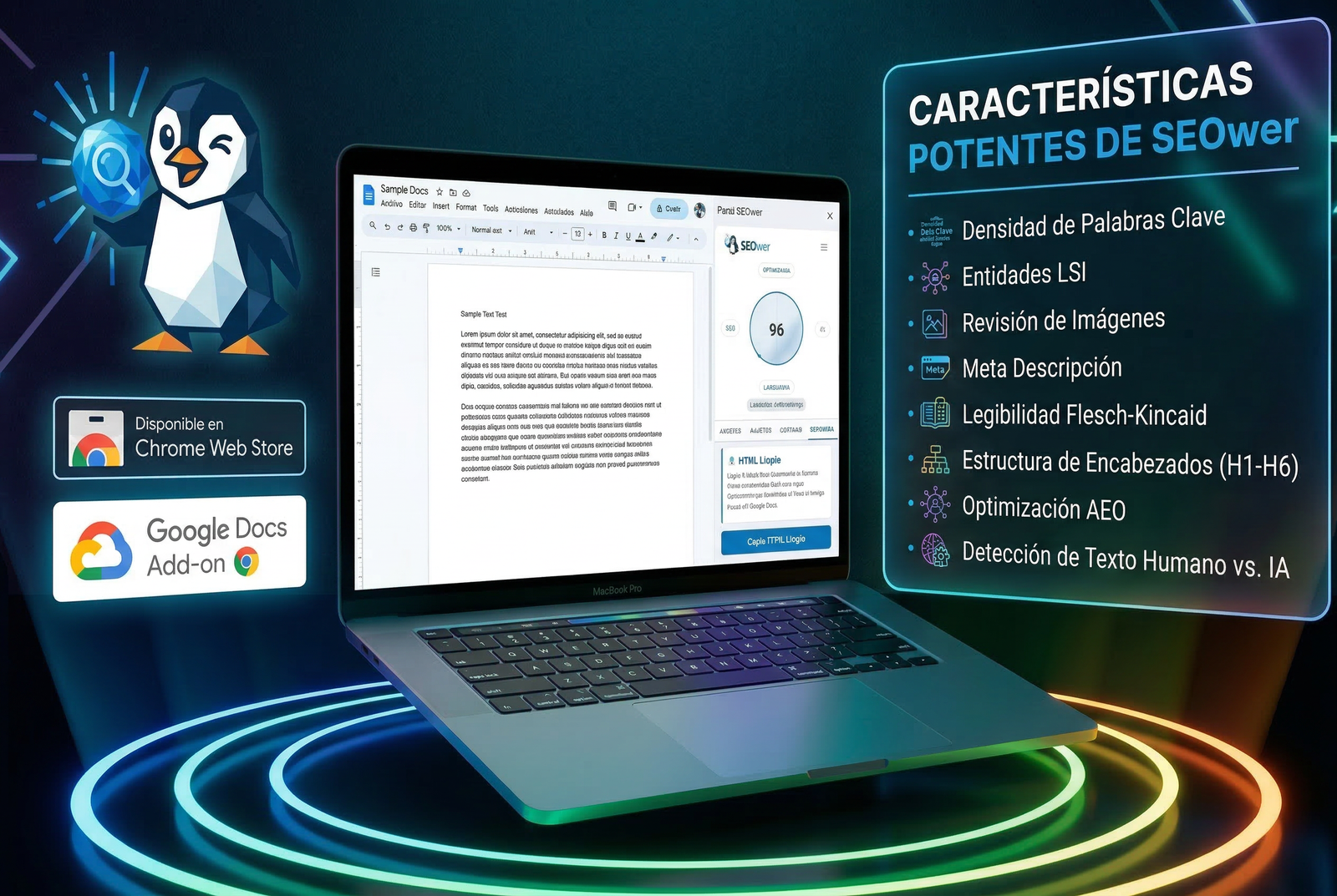 Panel lateral de SEOwer - Asistente de SEO en Google Docs